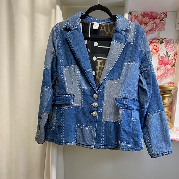 OOLALA PATCHWORK DENIM BLAZER BLUE - Picture 3 of 12